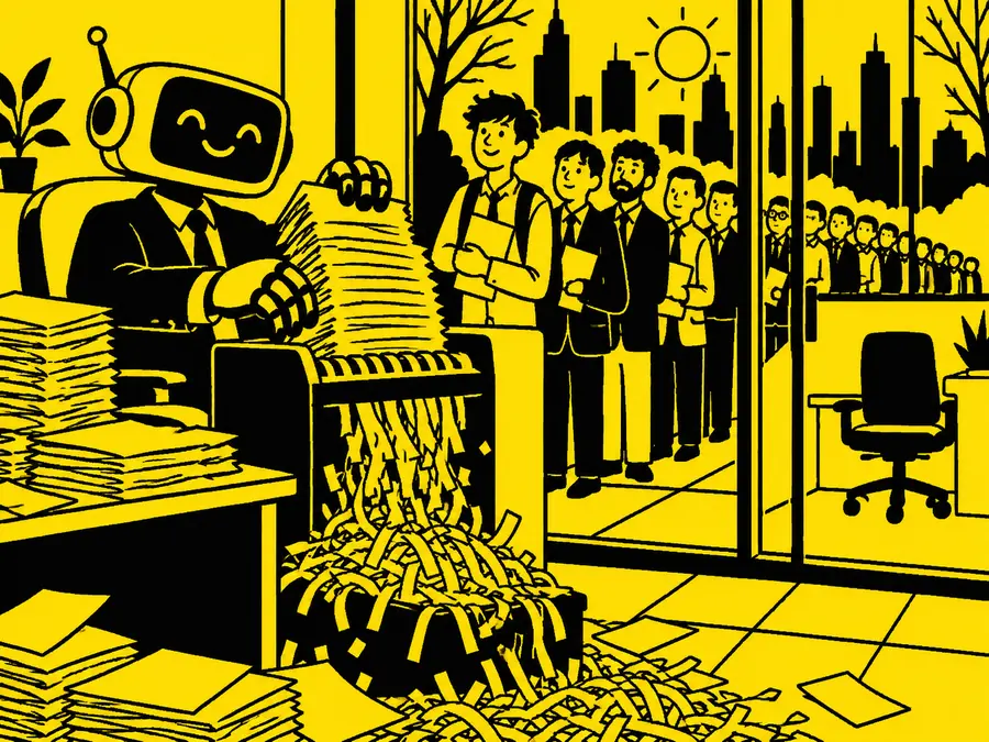 A robot shreds résumés while a long line of job seekers waits outside.