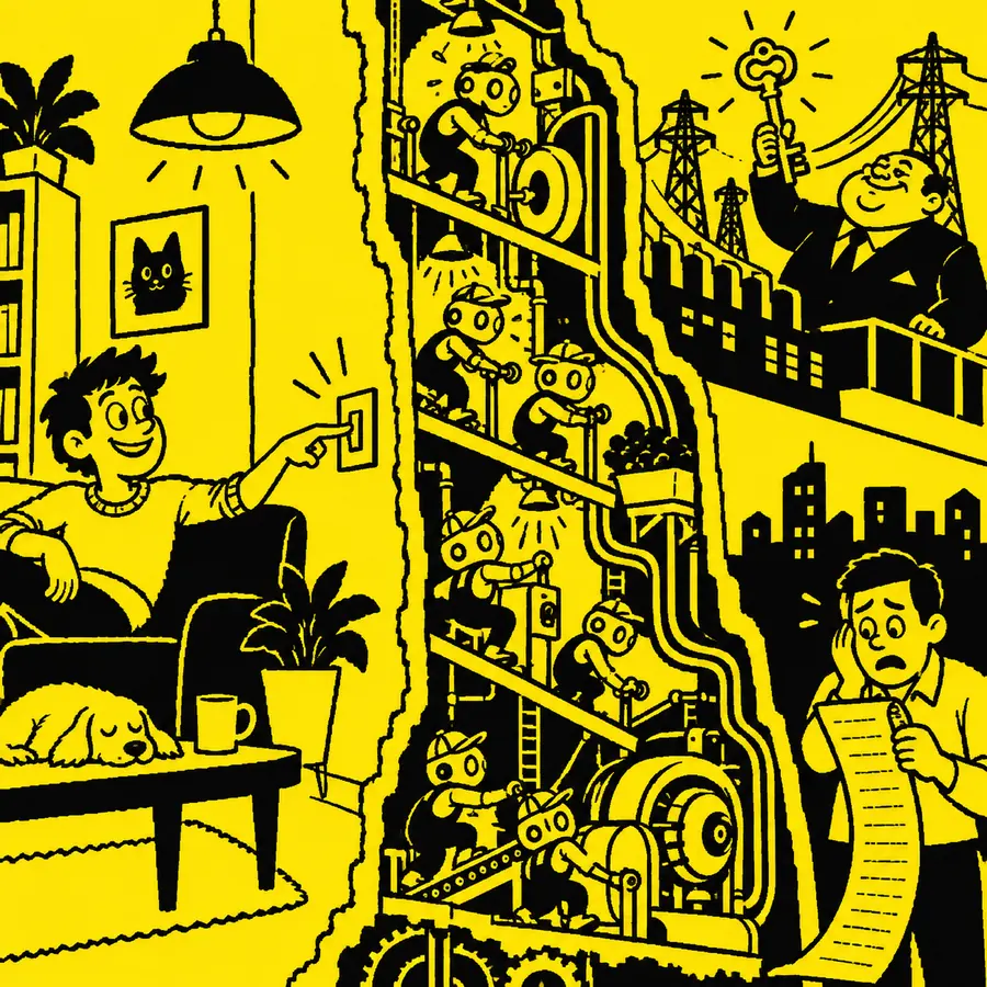Robots power a home while the owner of the grid holds the key.